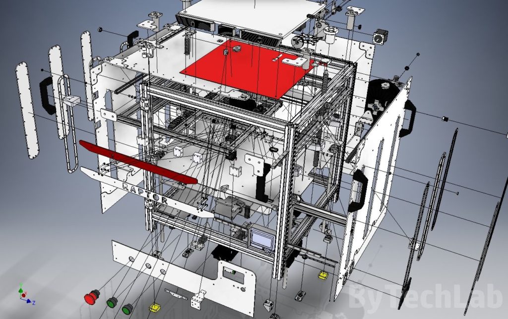 RAPTOR XLS 360 3D printer - Assembly explosion render